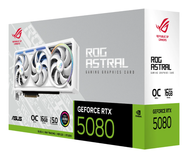 asus rog astral rtx5080 white oc, pcie5, 16gb ddr7, quad fan, 2 hdmi, 3 dp, 2790mhz clock, rgb lighting, overclocked