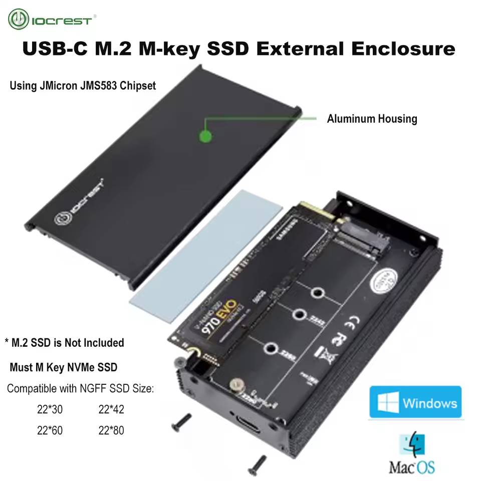 iocrest usb c to nvme m.2 adapter jms583 chipset 10gbps usb 3.1 gen 2 external ssd enclosure (io ada58300)