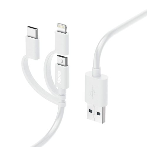 Hama 3-in-1 Multi Charging Cable – USB-A to USB-C/Micro USB/Lightning, Quick Charge, 1 Metre, White, MFI Certified