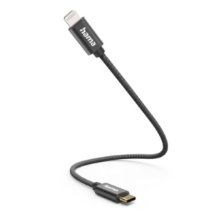 Read more about the article Hama Charging/Data USB-C to Lightning Cable, 480Mbps, Nylon Sheath, Gold-Plated, 0.2 Metre, Black, MFI Certified