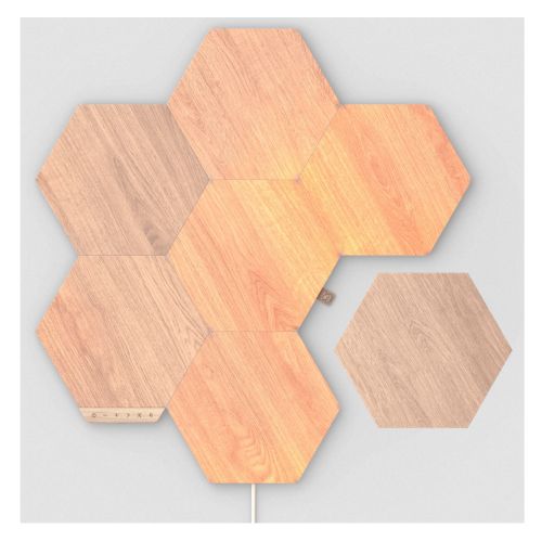 Nanoleaf Elements Hexagons Starter Kit (7-Panels), White Light, Wood Grain Finish, Create an Illuminated Display, Ultra-Thin Panels, Music Reaction, A