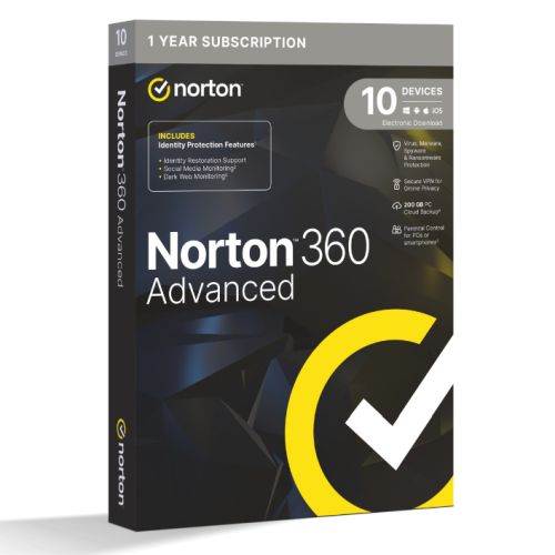 Norton 360 Advanced 1x 10 Device, 1 Year Retail Licence – 200GB Cloud Storage, AI Scam Detector – PC, Mac, iOS & Android *Non-enrolment*