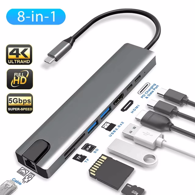 usb c 8 in 1 hub – gigabit ethernet, 4k hdmi, pd 100w, 2× usb 3.0, sd/tf card reader – aluminium