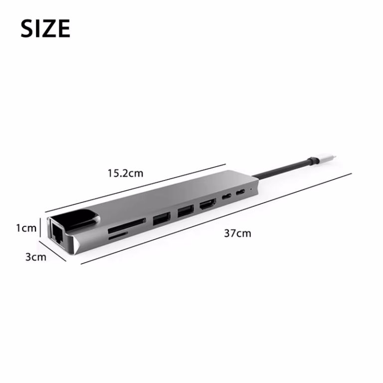 usb c 8 in 1 hub – gigabit ethernet, 4k hdmi, pd 100w, 2× usb 3.0, sd/tf card reader – aluminium