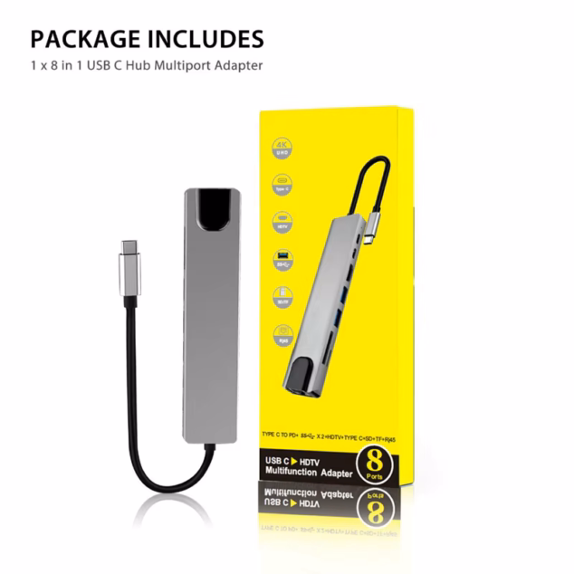 usb c 8 in 1 hub – gigabit ethernet, 4k hdmi, pd 100w, 2× usb 3.0, sd/tf card reader – aluminium