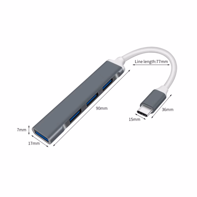 usb c hub 4 in 1 aluminium – 1× usb 3.0 + 3× usb 2.0 – otg compatible