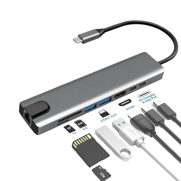 usb c 8 in 1 hub – gigabit ethernet, 4k hdmi, pd 100w, 2× usb 3.0, sd/tf card reader – aluminium