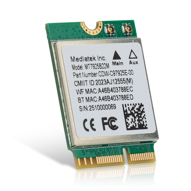 MediaTek MT7925 Wi-Fi 7 + Bluetooth 5.4 M.2 Module (M.2 Key E, 6.5Gbps, Tri-Band)