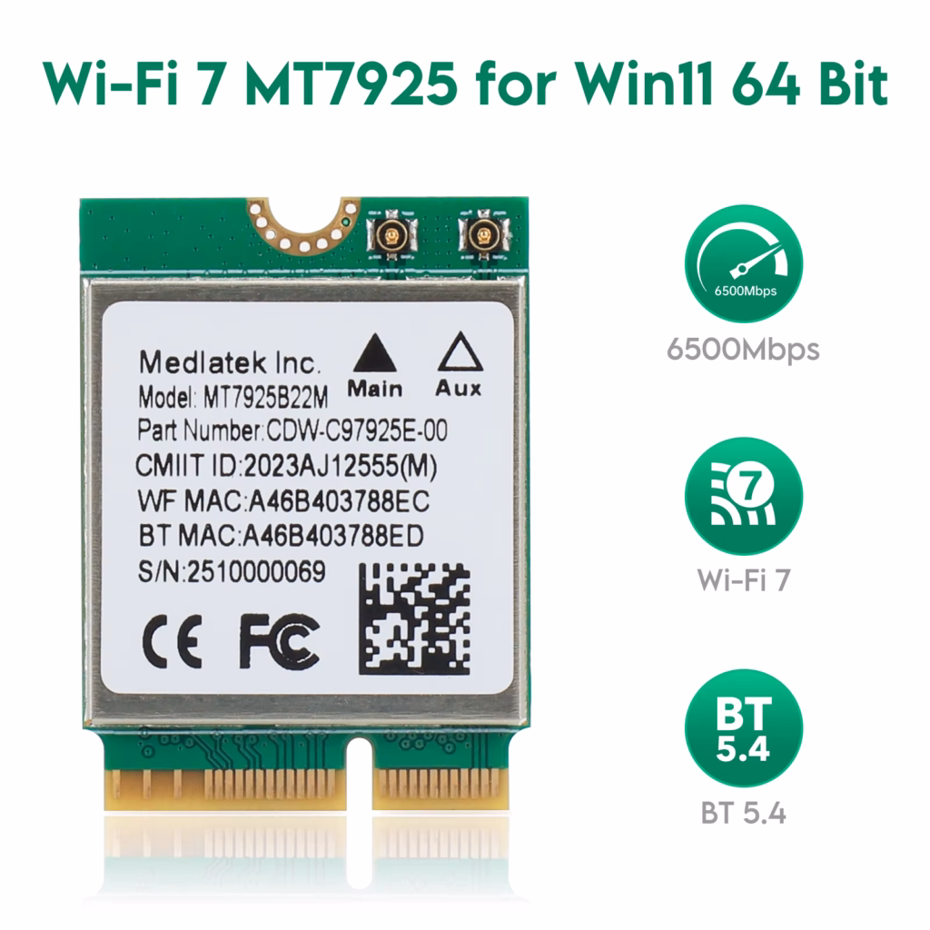 mediatek mt7925 wi fi 7 + bluetooth 5.4 m.2 module (m.2 key e, 6.5gbps, tri band)